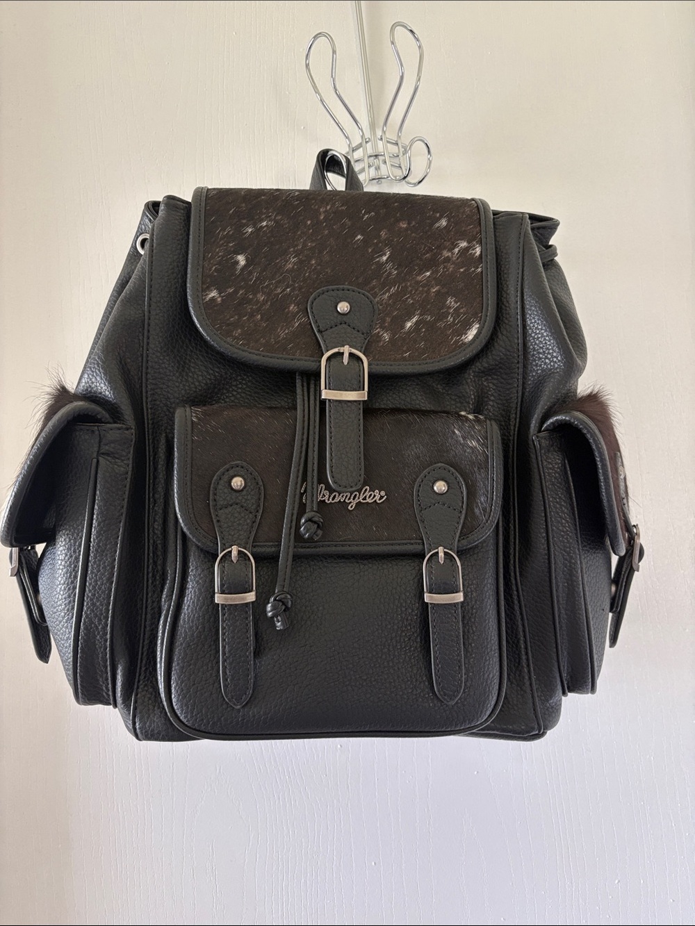 Wrangler Black Backpack with cowhide Flap and Buckle Accents